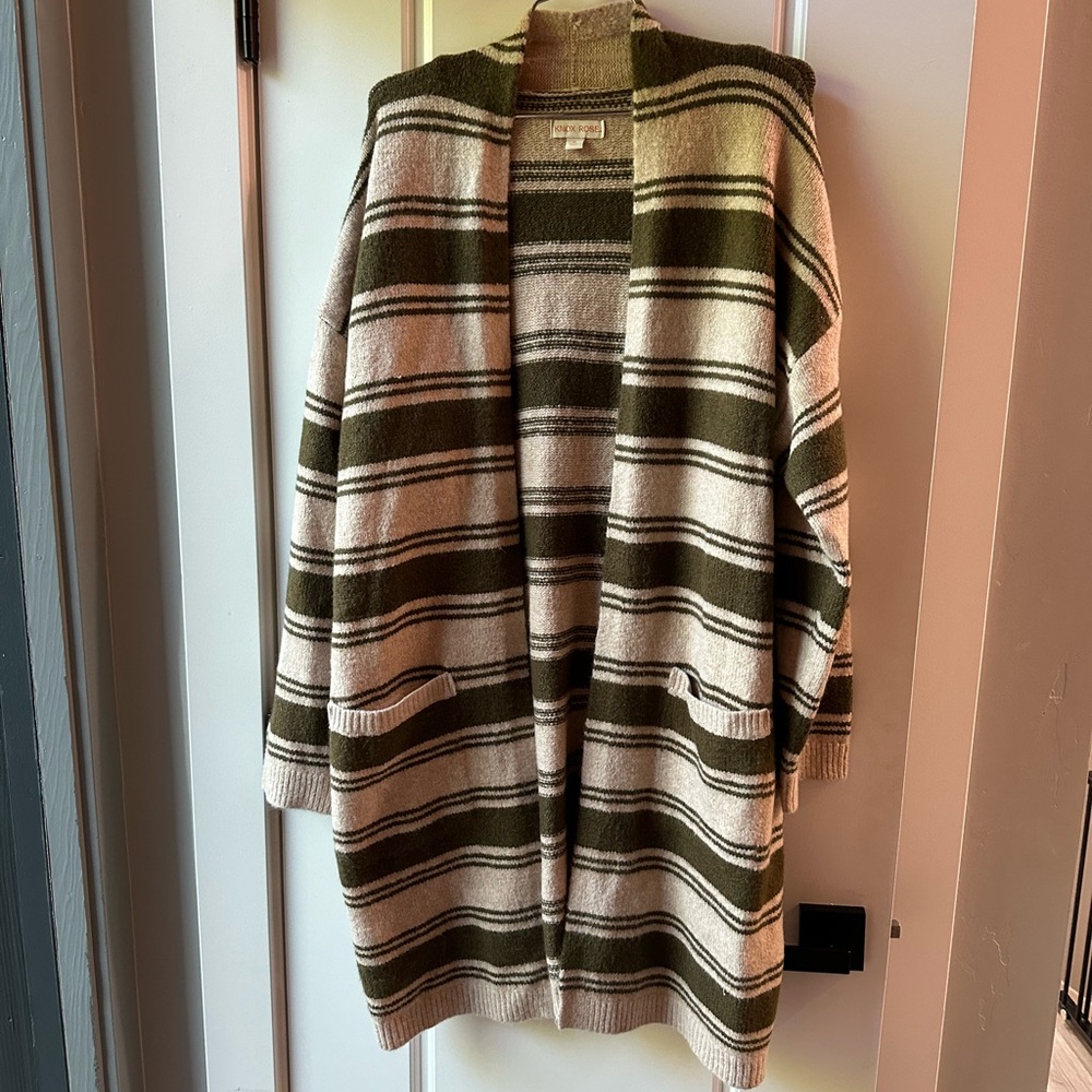 Striped Open Front Long Cardigan